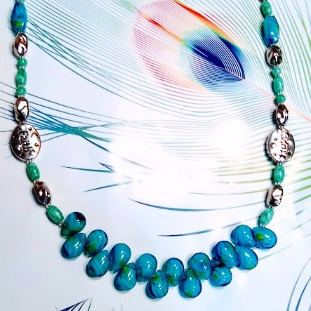 * NEW*FAITH & HOPE*TEAL & GREEN TEARDROP GLASS BEAD NECKLACE*HAND CRAFTED